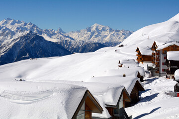 Fiescheralp car free resort in Bernese Alps on height 2,212 metres, Fiescheralp can be reached by cable car from Fiesch, winter, Jungfrau Aletsch area, UNESCO Valais,Wallis, Switzerland, Europe
