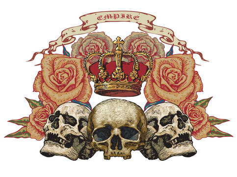 vector image of the emblem with skulls and roses in the image of the royal coat of arms in the style of art tattoo