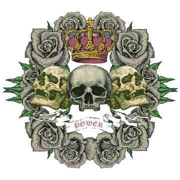 vector image of the emblem with skulls and roses in the image of the royal coat of arms in the style of art tattoo
