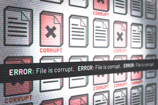 Corrupted document icons with error message on computer screen. 3D rendering with scan lines and glitches.