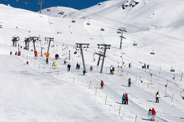 skiers on T-ski lifts and chairlifts, Fiescheralp - ski resort accessible by cable car from Fiesch, UNESCO World Heritage site, Jungfrau-Aletsch Protected Area, Valais, Wallis, Switzerland, Europe