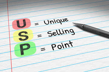 USP - Unique Selling Point. 3D illustration of business acronym on note pad.