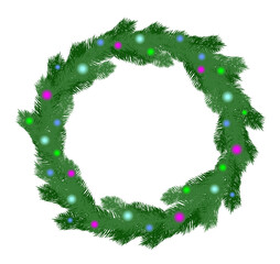 Fototapeta na wymiar A wreath of green spruce branches with small multi-colored New Year's lights. Vector illustration isolated on white background.