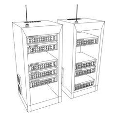 Data network server in cabinet. Diagnostic test in computer room technology communication computers and device concept. Wireframe low poly mesh vector illustration.