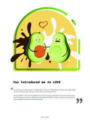 Cute pregnant couple half avocado in love. Sweet fruit love quote, let's avocuddle. For gift card, greeting card, card, badge. Vector illustration.