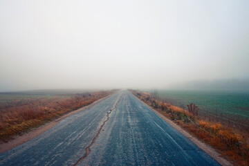 Autumn road through autumn foggy landscape. Autumn foggy rustic landscape with asphalt road in background. Fog over country asphalt road leading through the field