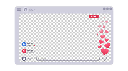 Live stream interface with a lot of likes, appreciations. Stories screen template for mobile application. Vector mock up illustration
