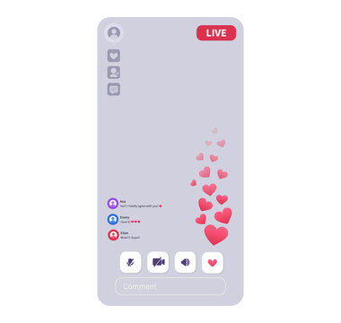 Live Stream Interface With A Lot Of Likes, Appreciations. Stories Screen Template For Mobile Application. Vector Mock Up Illustration