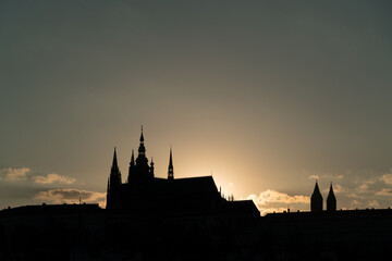 Obraz premium Prague night silhouette. Prague panorama during sunset