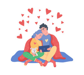 Couple watching movie semi flat color vector characters. Sitting figures. Full body people on white. Cuddling people isolated modern cartoon style illustration for graphic design and animation