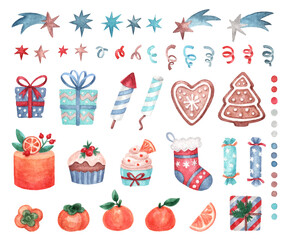 Christmas collection of decorative elements: bento cake, cupcakes, gifts, christmas sock, gingerbread, tangerines, persimmons, stars and ribbons. Watercolor hand painted illustration.