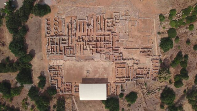 Aerial view. Archaeological site of the ancient Minoan civilization. The ruins of the Minoan palace are not far from the city of Malia on the island of Crete.