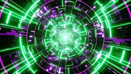 Obraz premium Glowing Green Circuit Pattern Line in the Purple Technology Tunnel