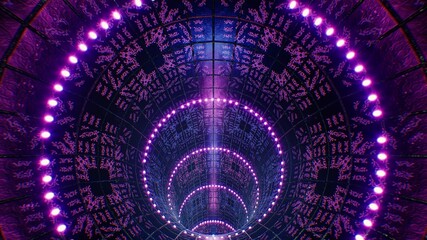 Glowing Light Lamps in the Purple Organic Pattern Textured Tunnel Entrance 3D Rendering