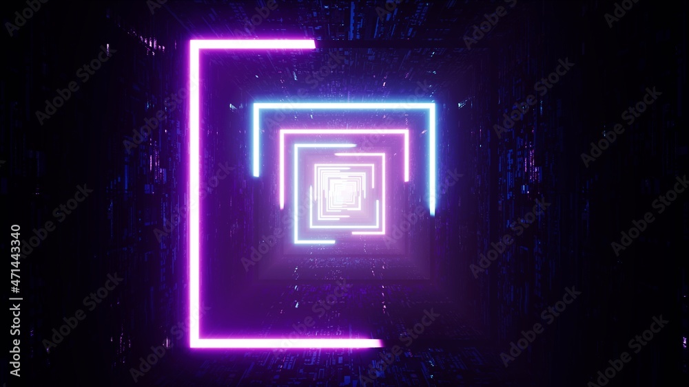 Wall mural Multiple Neon Color Light Stroke Square in the Sci Fi Tunnel 3D Rendering