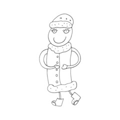 Vector outline of Santa Claus. Vector outline of the Snow Maiden. Merry business frost. Funny Snow Maiden. Isolated. Coloring pages for children and adults. Drawn by hand. Cartoon.