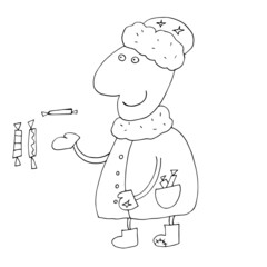 Vector outline of Santa Claus. Vector outline of the Snow Maiden. Merry business frost. Funny Snow Maiden. Isolated. Coloring pages for children and adults. Drawn by hand. Cartoon.