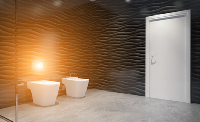 Clean and fresh bathroom with natural light. 3D rendering.. Sunset.