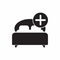 Bed icon with add sign. Bed icon and new, plus, positive symbol.