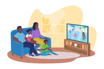 Watching old family videos and photos 2D vector isolated illustration. Happy family members sitting on sofa flat characters on cartoon background. Creating close family bond colourful scene