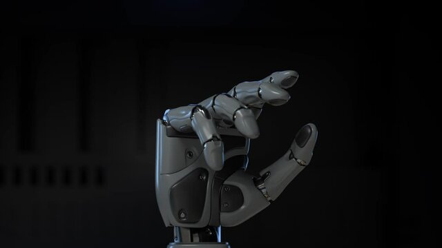 Cyber hand, robotic arm making test movements. 3D animation