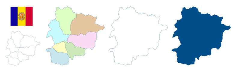 Andorra map. Set of vector maps. Detailed blue outline and silhouette. Administrative divisions and communities. Parishes of Andorra. Country flag. All isolated on white background.