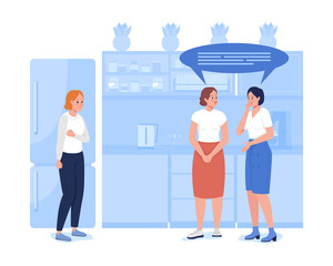 Obraz na płótnie Canvas Social problems at workplace 2D vector isolated illustration. Harassment by colleagues. Gossiping coworkers flat characters on cartoon background. Challenges of corporate work colourful scene