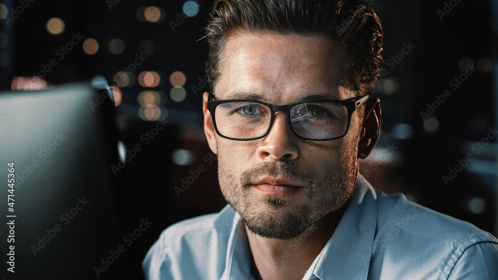 Poster Portrait of Male Startup Digital Entrepreneur Working on Computer, Looking at Camera Line of Code Reflecting in Glasses. Developer Working on Innovative e-Commerce App using Big Data.
