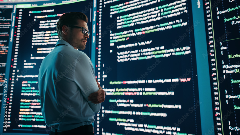 Poster Innovative Startup Concept: Thoughtful Software Engineer Finding Solution, Planning Strategy, Standing and Doing Data Analysis on Big Wall Screen. Programmer Developing e-Commerce App.