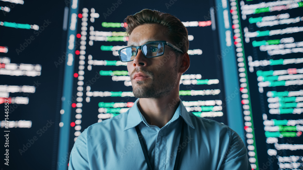 Aufkleber Innovative Startup: Portrait of Thoughtful Software Engineer Finding Solution, Doing Data Analysis with Big Screen Background. Programmer Developing e-Commerce App. Futuristic Dramatic Shot