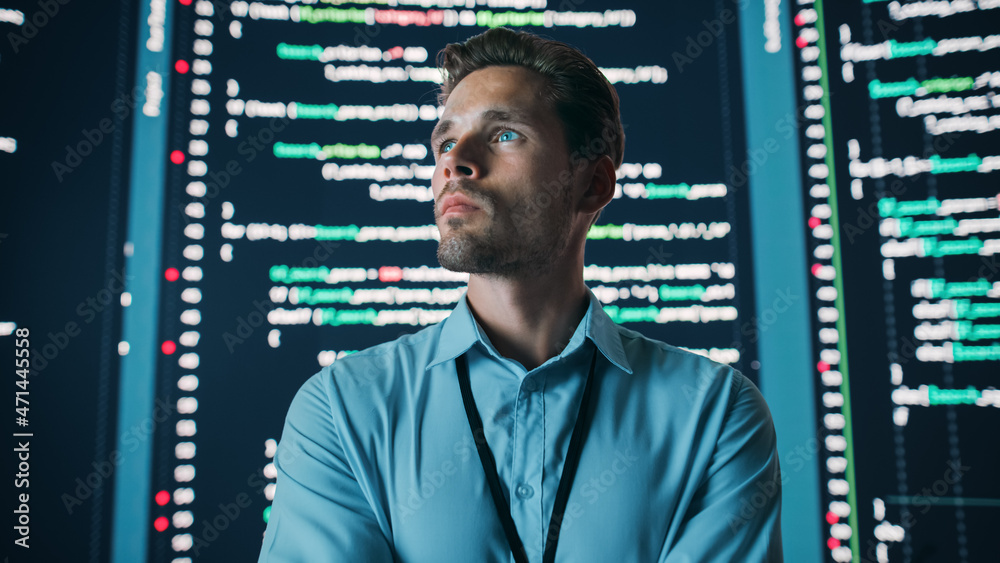 Aufkleber Innovative Startup Eureka Moment: Portrait of Brilliant Software Engineer Finding Solution, Doing Big Data Analysis. Big Screen Background. Computer Science Programmer Developing App.