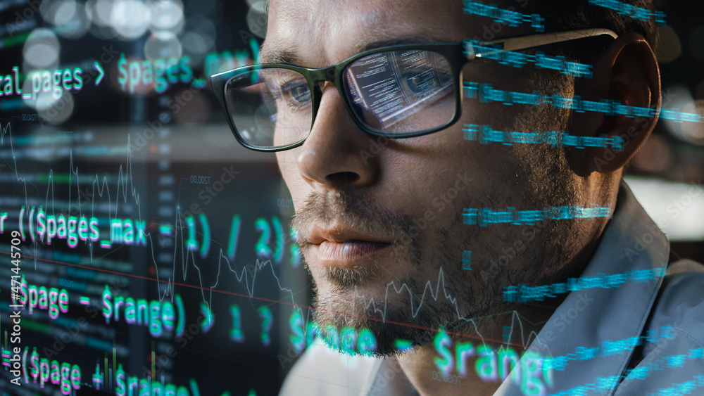 Poster Close-up Portrait of Software Engineer Working on Computer, Line of Code Run Aroung Him. Developer Working on Innovative e-Commerce Application using Big Data Concept