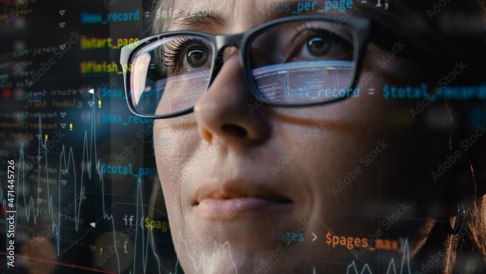 Poster Close-up Portrait of Female Software Engineer Working on Computer, Program Code Run Aroung Her. Developer Working on Innovative e-Commerce Application using Machine Learning, AI, Big Data