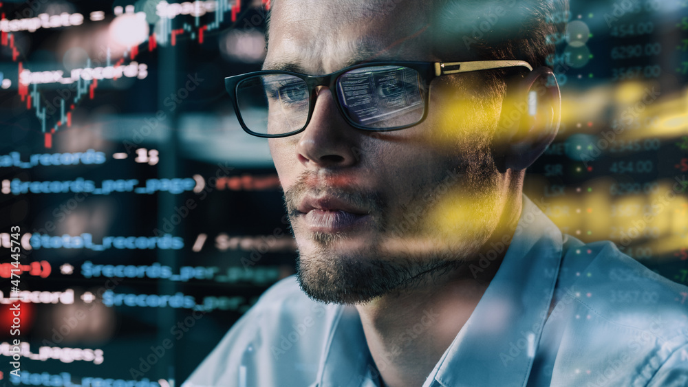 Poster Close-up Portrait of Software Engineer Working on Computer, Line of Code Run Aroung Him. Developer Working on Innovative e-Commerce Application using Big Data Concept