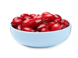 Fresh ripe dogwood berries in bowl on white background