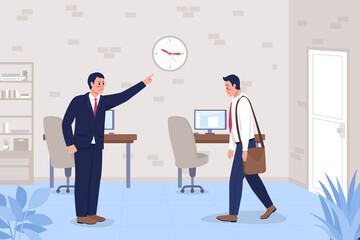 Late to work flat color vector illustration. Boss angry at employee for tardiness. Challenges at office job. Colleagues 2D cartoon characters with corporate workplace interior on background