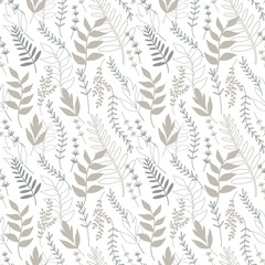 Gray leaves on a white background. Vector seamless pattern. Suitable for wrapping paper, wedding textile and bedding.