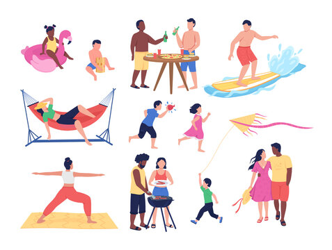 Summer activities semi flat color vector character set. Posing figures. Full body people on white. Beach isolated modern cartoon style illustration for graphic design and animation collection