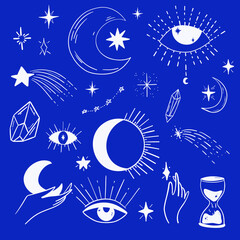 Celestial, magic clipart. Isolated vector set of decorative elements for cards, prints, stickers, posters, shirts and more. Moon,sun, cristal,stars