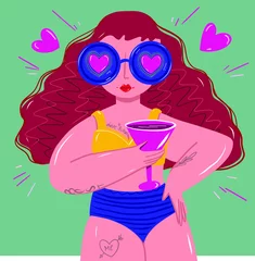 Fotobehang Cartoon vector illustration of Self love Women. Self Love, Confidence and Concept. Preety plis size women © Yuliia Zolotova