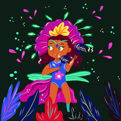 Vector cartoon illustration of a young girl dancer girl in bright costume of feathers on the Brazilian carnival. Cartoon girl danser