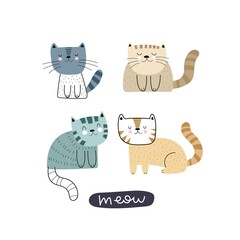 meow. cartoon set of cats, hand drawing lettering. colorful vector flat style illustration for kids. baby design for cards, prints, posters, cover