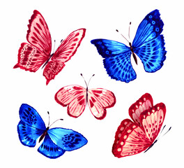 Watercolor composition of blue and pink butterflies isolated on white.