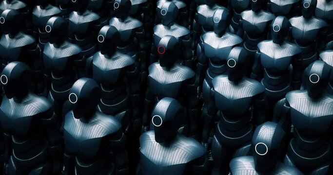 Robots Marching Slowly. Their Leader Is In The Center. Tech War Scene. Technology Related Abstract 3D Concept Animation.