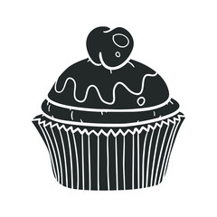 Cupcake Cherry Icon Silhouette Illustration. Muffin Desert Vector Graphic Pictogram Symbol Clip Art. Doodle Sketch Black Sign.