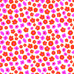 Baby doll ditsy seamless pattern on white background. Orange, violet floral repeat print. Cute botanical design for textile, fabric, wallpaper and decoration.