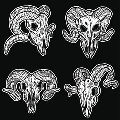 Set Hand drawn Goat Skull Head Dark Art with Different Angel Hatching Outline Style illustration
