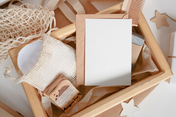 Christmas Zero waste mockup card, eco friendly packaging. Ecological Christmas holiday concept, eco decor.