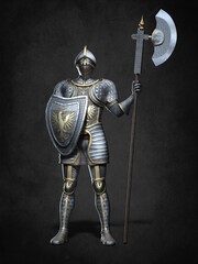 A knight in armor with a weapon. 3d illustration