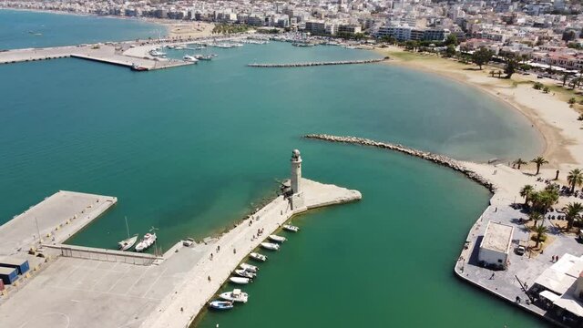 Aerial view. Rethymno town on the island of Crete. The historical part of the city and the port.